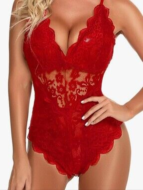 Red Lace Teddy Bodysuit - Women's Intimates Sz L